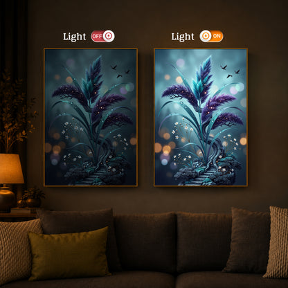 Mystical Purple Feather Plant Modern Luxury Backlight Vertical Wall Art