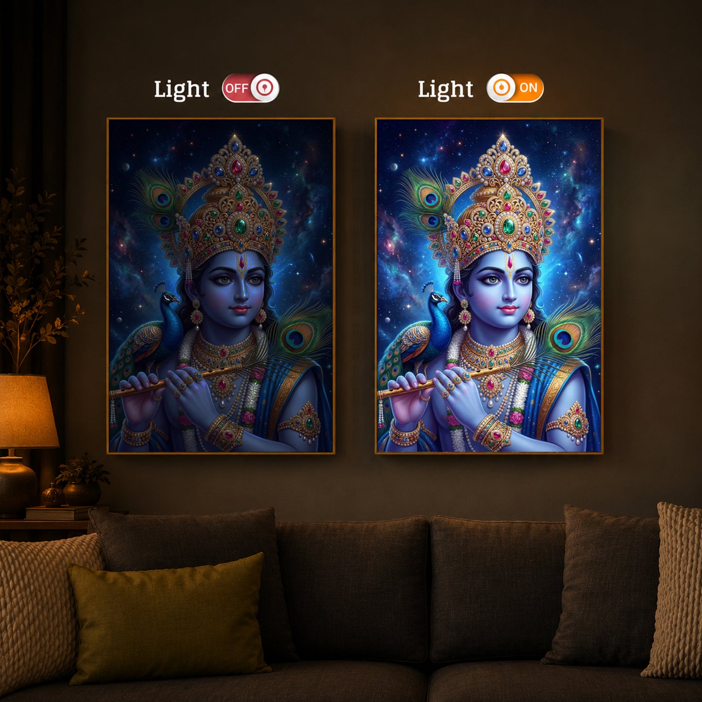Hindu Deity Lord Krishna Modern Luxury Backlight Vertical Wall Art