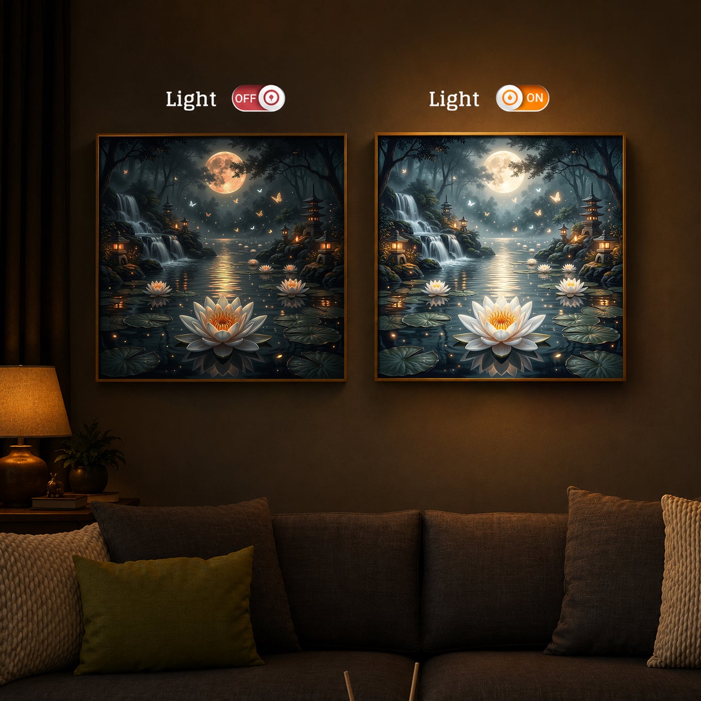 Moonlit Zen Lotus Pond Modern Luxury Backlight Square Wall Art