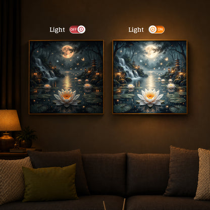 Moonlit Zen Lotus Pond Modern Luxury Backlight Square Wall Art