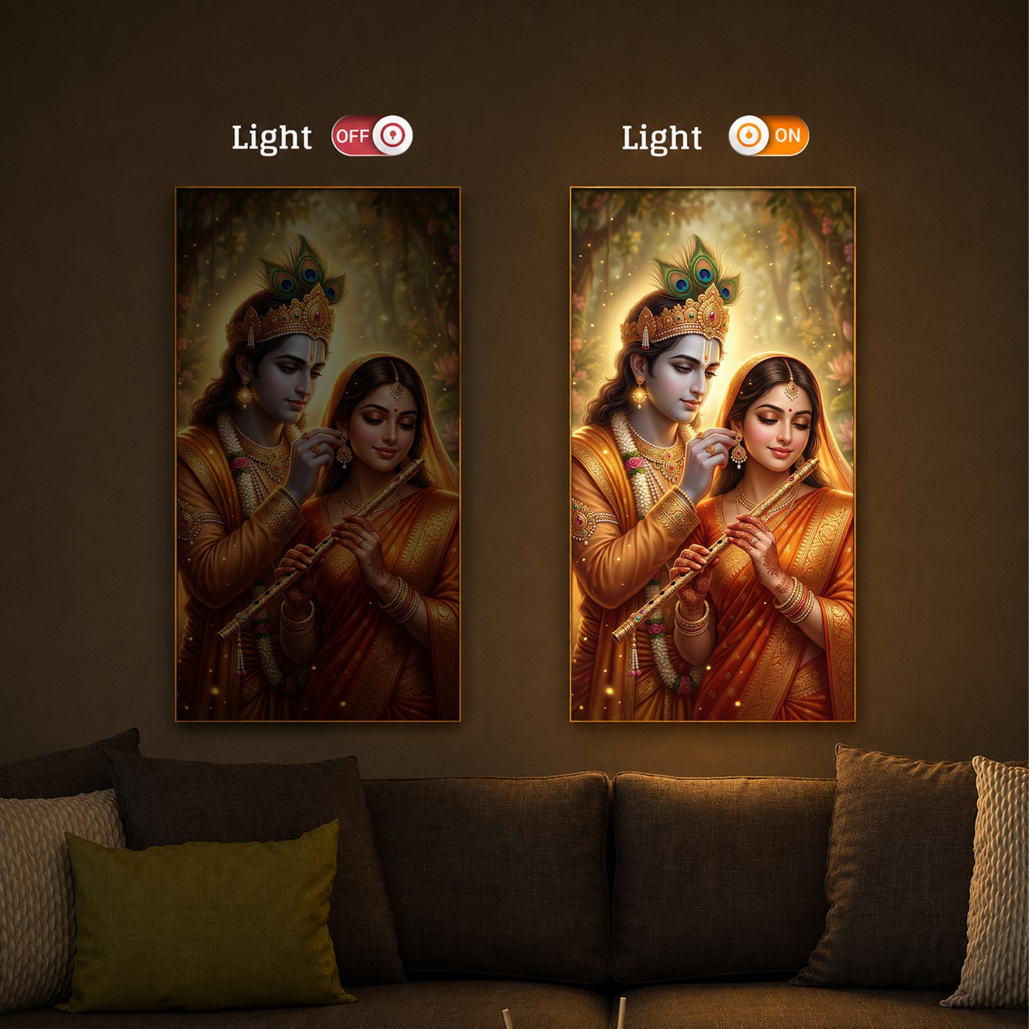 Jai Radha Krishna Modern Luxury Backlight Vertical Wall Art