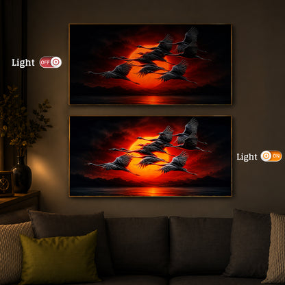 Flying Cranes At Sunset Modern Luxury Backlight Horizontal Wall Art