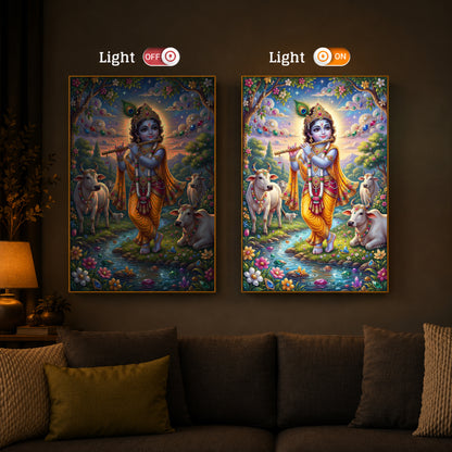 Little Kanha With Cow Modern Luxury Backlight Vertical Wall Art