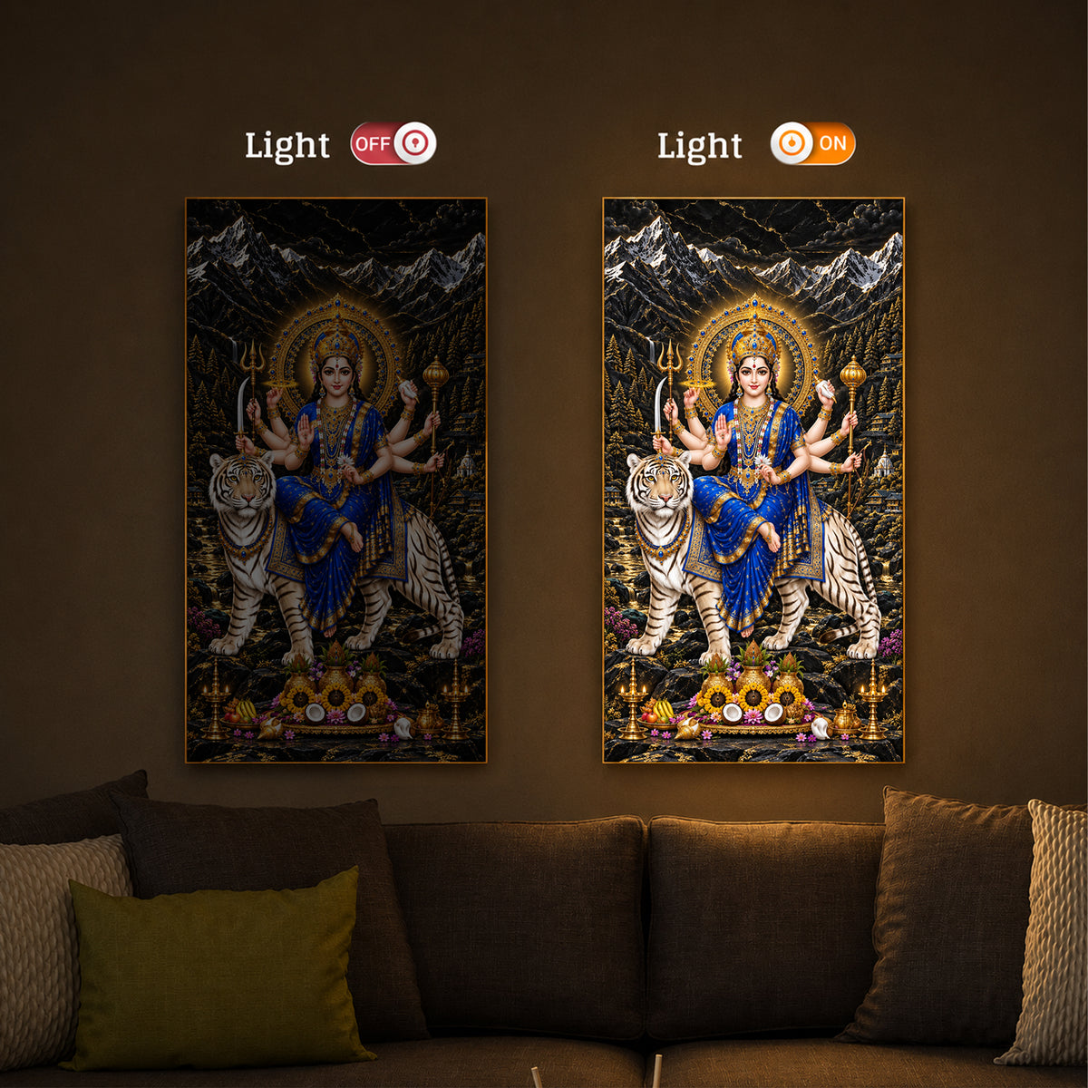 Maa Durga In Blue Saree Modern Luxury Backlight Vertical Wall Art