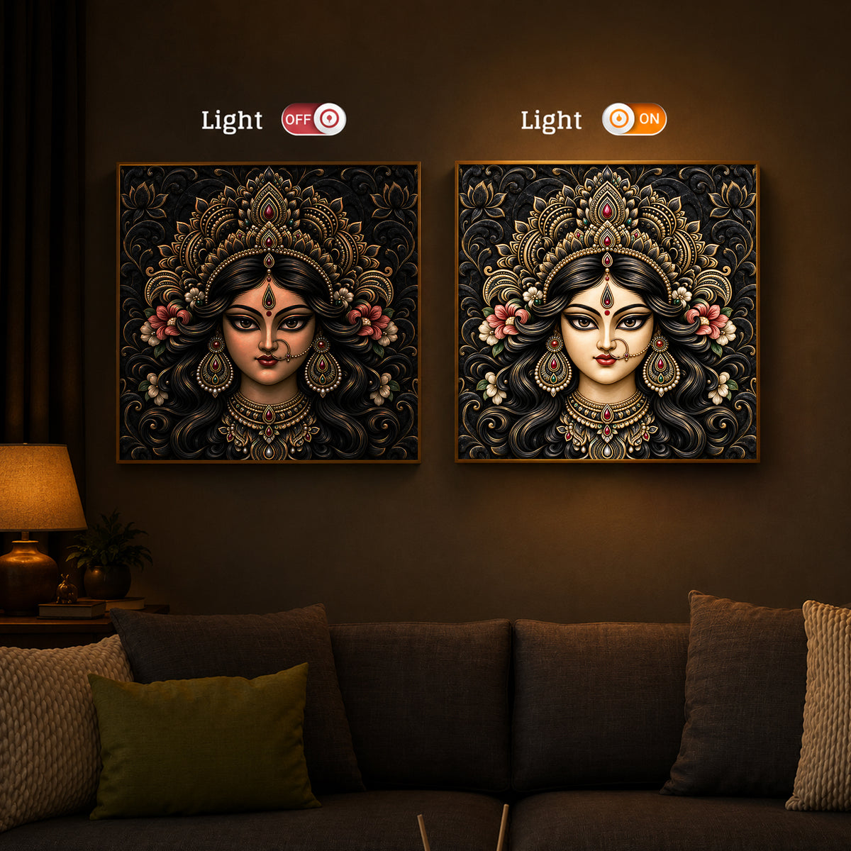 Divine Face of Durga Modern Luxury Backlight Square Wall Art
