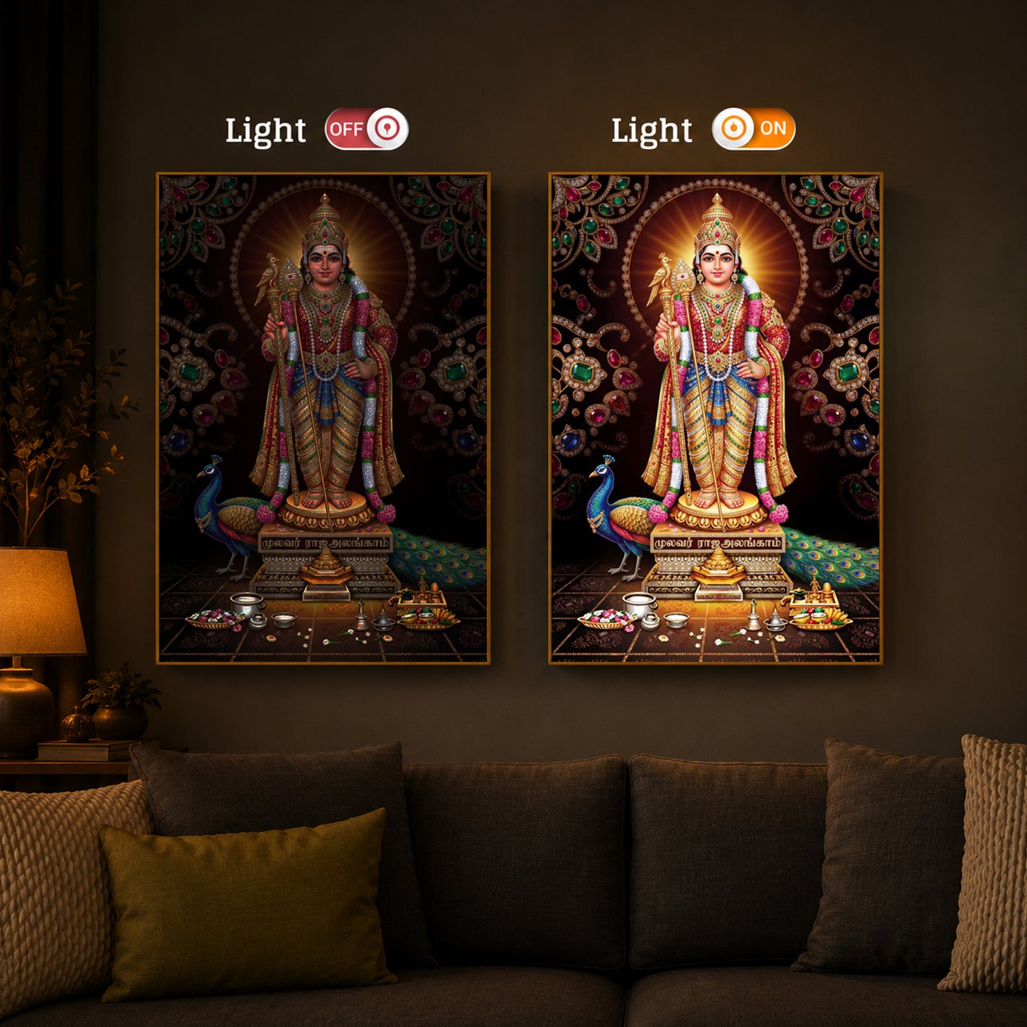 Lord Murugan With Peacock Modern Luxury Backlight Vertical Wall Art