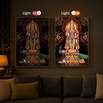 Lord Murugan With Peacock Modern Luxury Backlight Vertical Wall Art