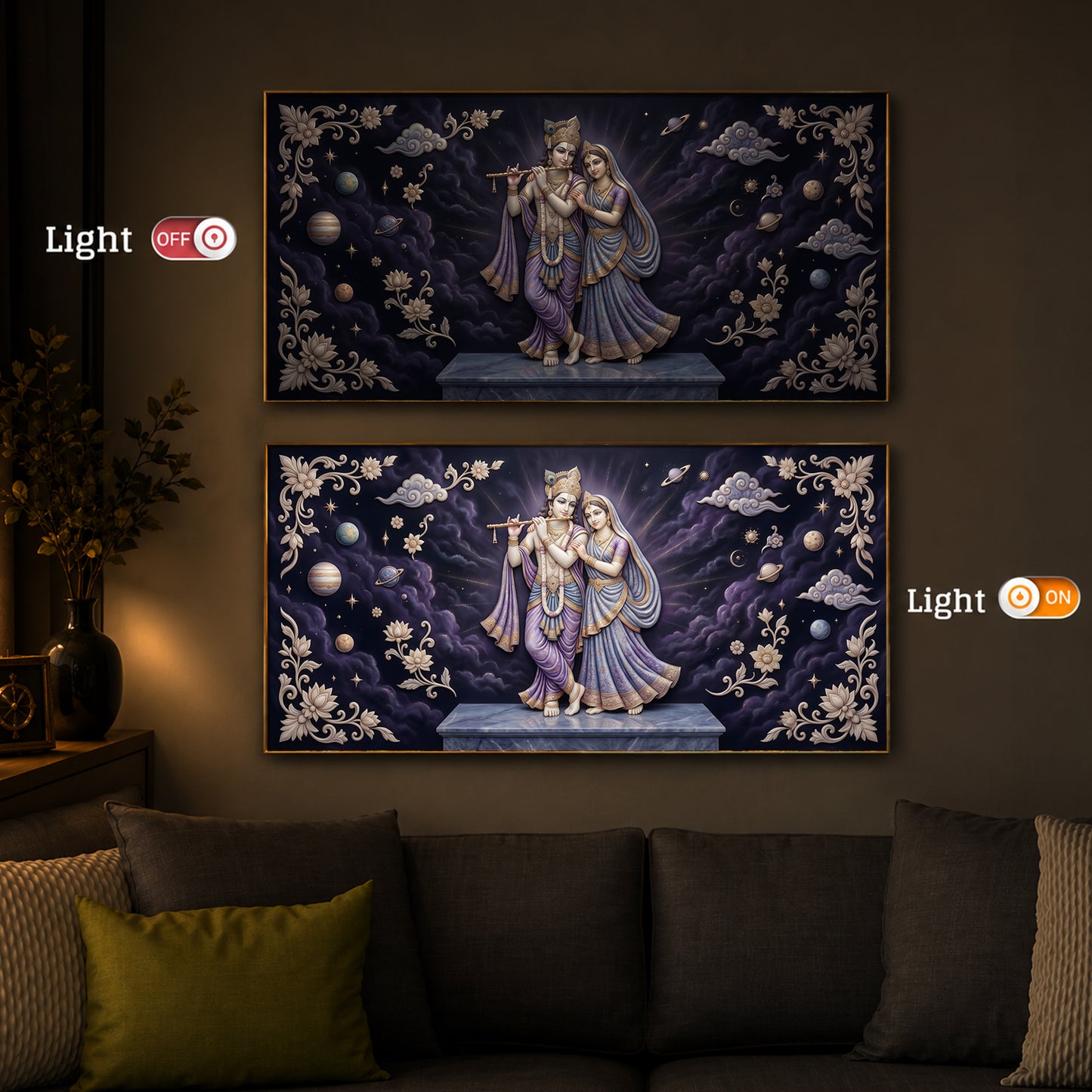 Radha Krishna With Purple Background Modern Luxury Backlight Horizontal Wall Art