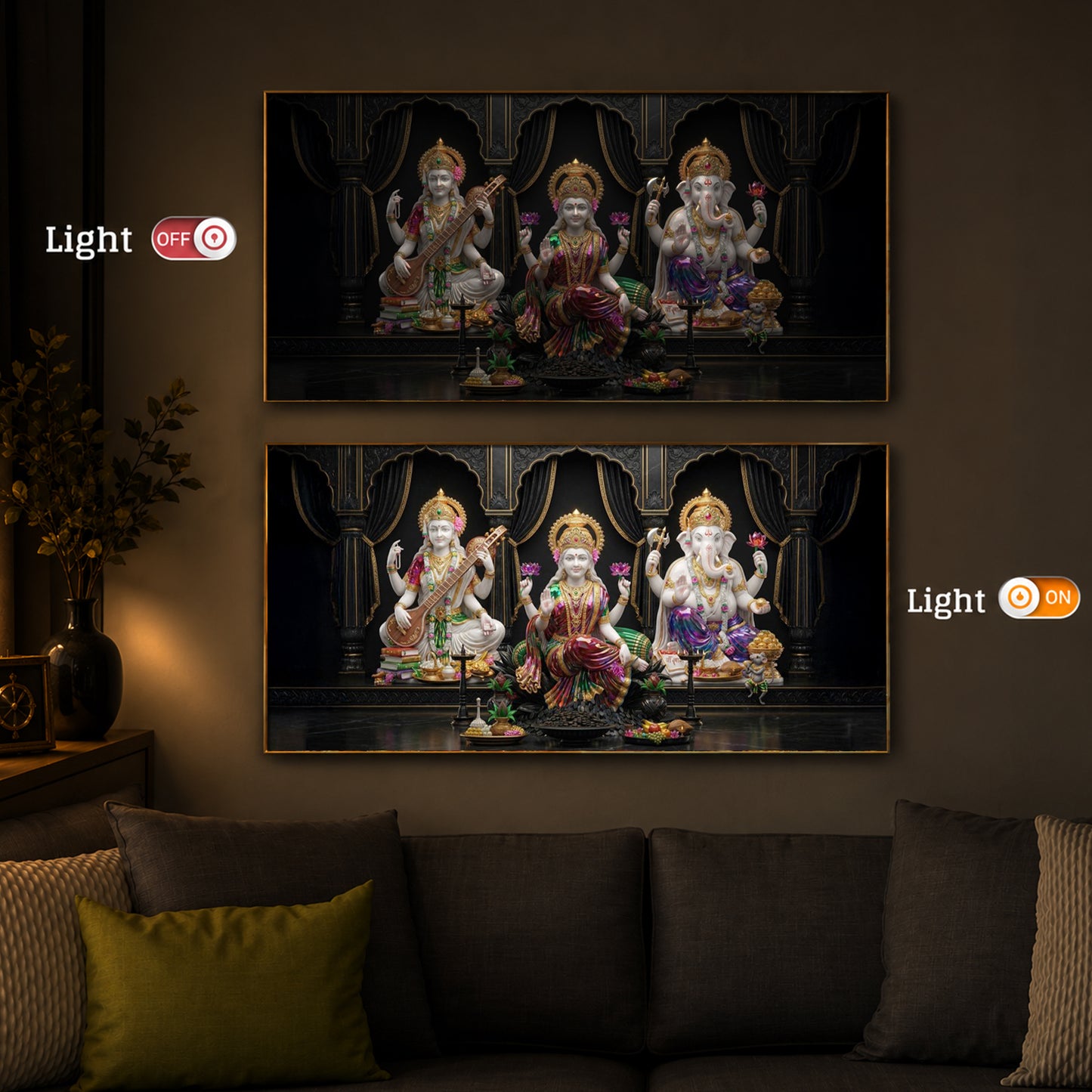 Saraswati,Lakshmi, & Lord Ganesha Modern Luxury Backlight Horizontal Wall Art
