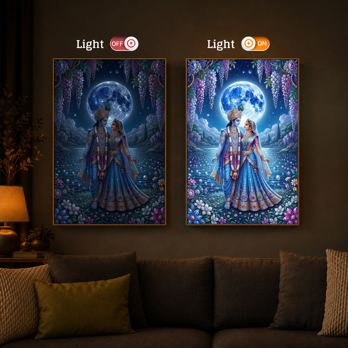 Radha & Krishna Standing Together Modern Luxury Backlight Vertical Wall Art