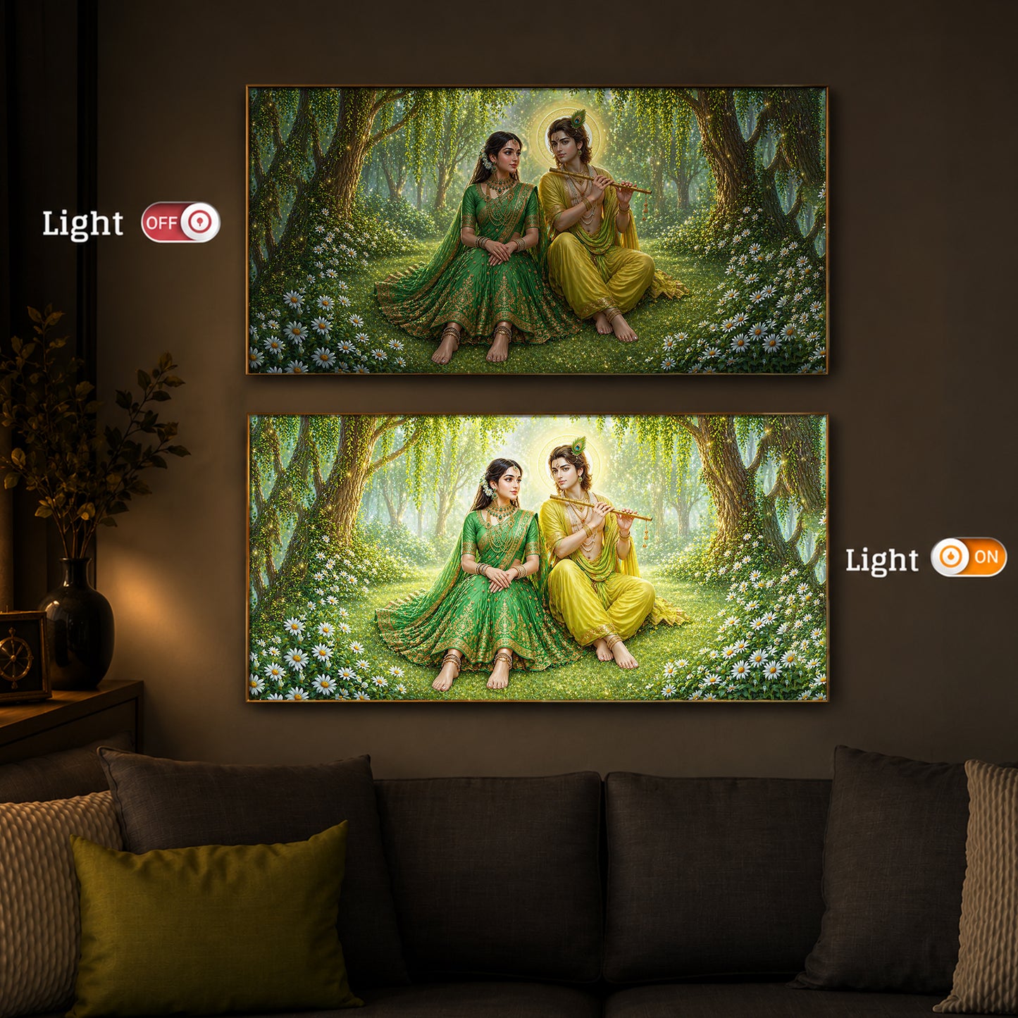 Divine Love Radhe Krishna Modern Luxury Backlight Horizontal Wall Art