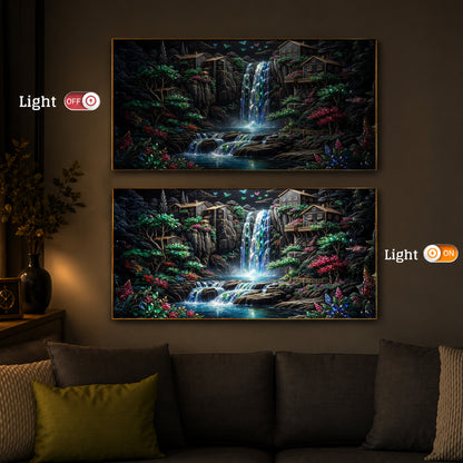 Lush Mountain Waterfall Modern Luxury Backlight Horizontal Wall Art