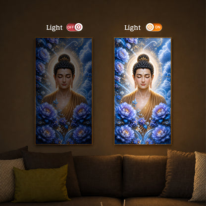 Divine Buddha Glowing Aura Modern Luxury Backlight Vertical Wall Art