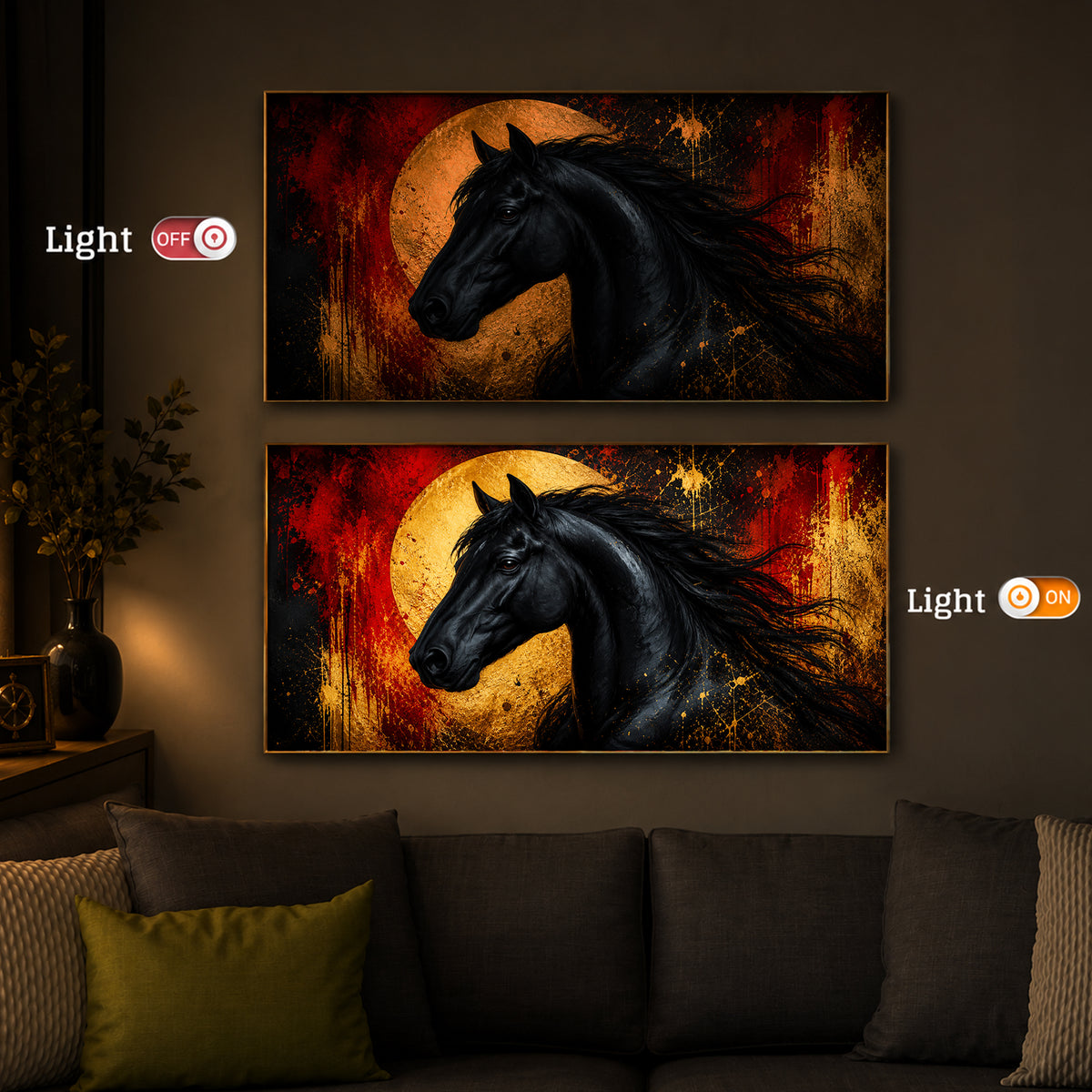 Black Horse With Abstract Background Modern Luxury Backlight Horizontal Wall Art