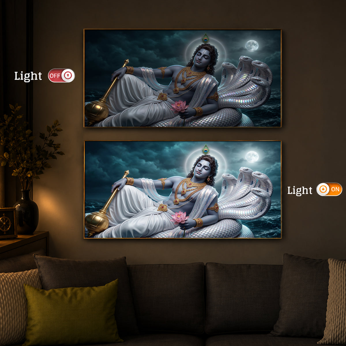 Lord Vishnu With Sheshnag Modern Luxury Backlight Horizontal Wall Art