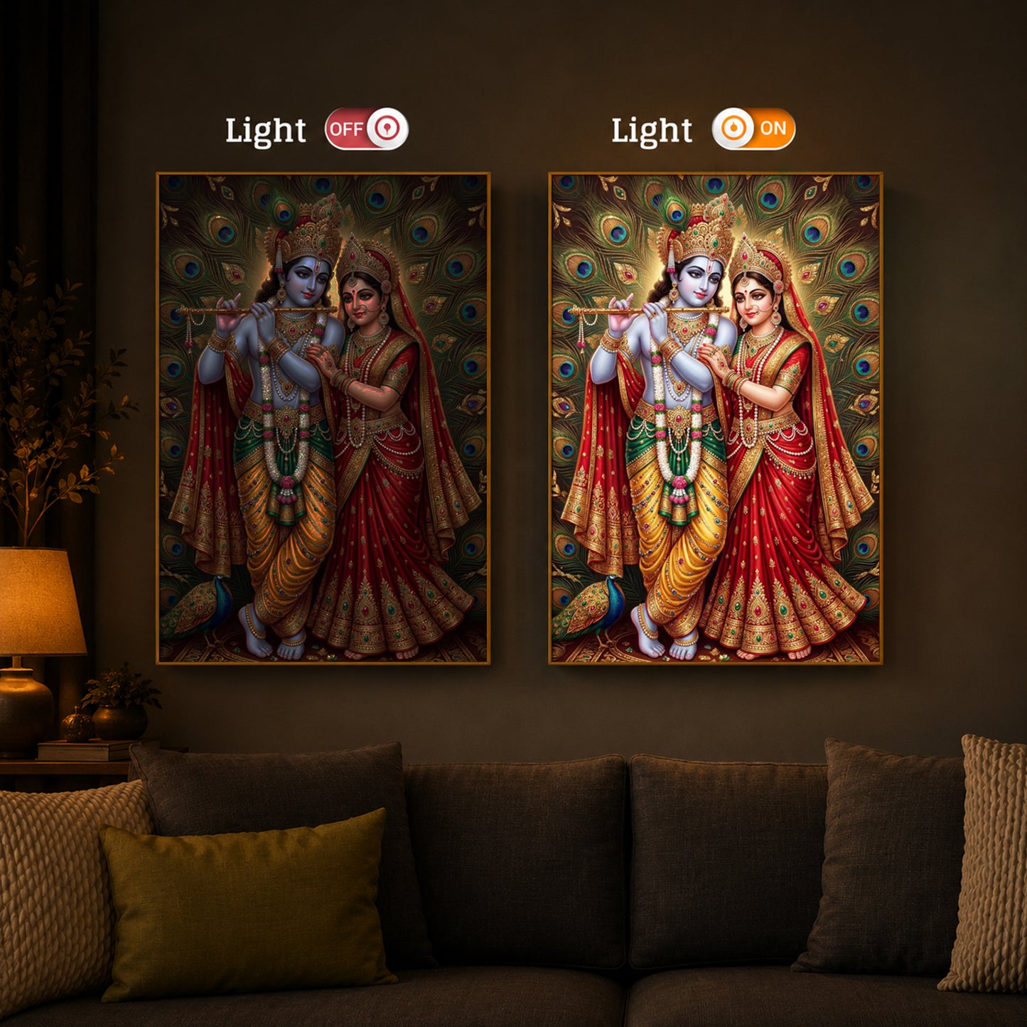 Radha Krishna Divine Bliss Modern Luxury Backlight Vertical Wall Art