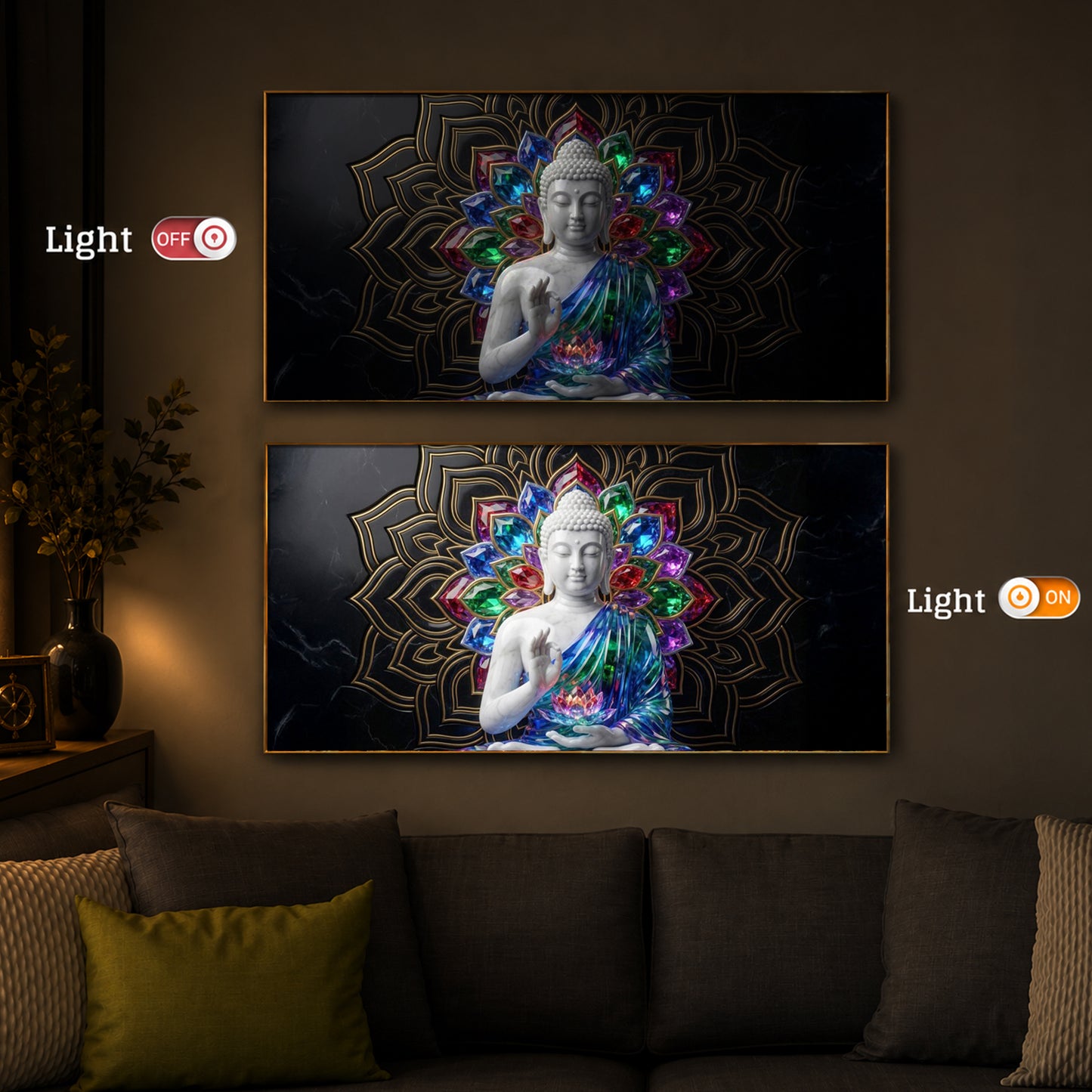 Meditating Buddha Modern Luxury Backlight Horizontal Wall Art