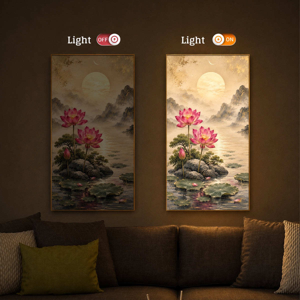 Serene Pink Lotus Landscape Modern Luxury Backlight Vertical Wall Art