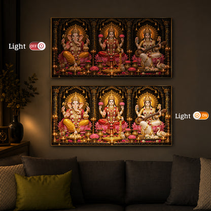 Goddess Lakshmi, Lord Ganesha and Goddess Saraswati Modern Luxury Backlight Horizontal Wall Art