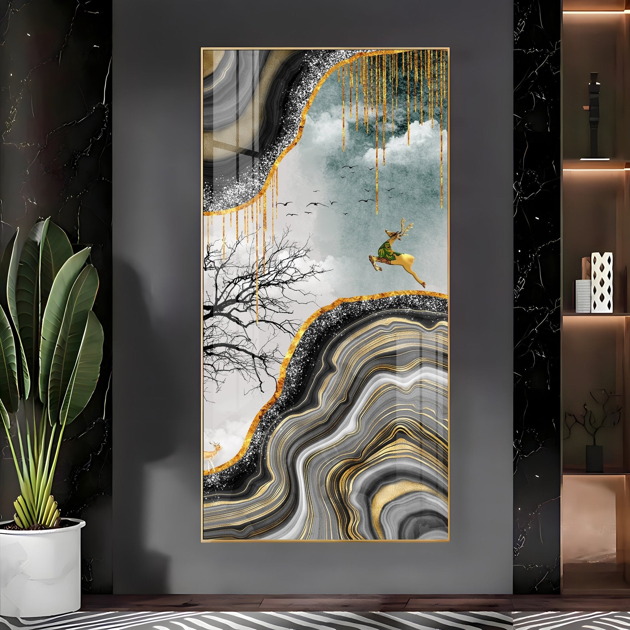 Abstract Golden Art Of Deer Luxury Crystal Vertical Wall Art - The Next Decor