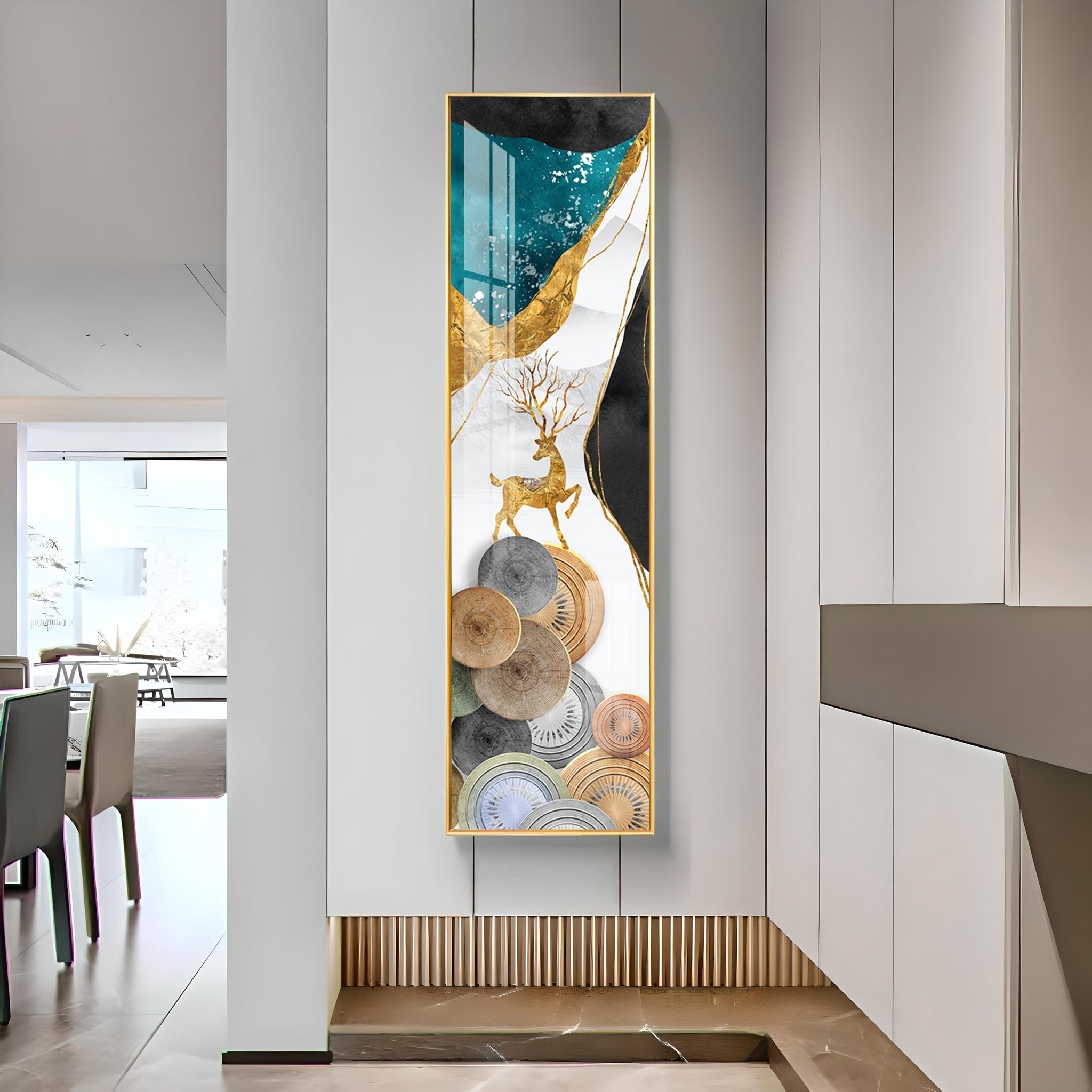 Abstract Golden Ginkgo Leaf With Deer Luxury Crystal Vertical Wall Art - The Next Decor
