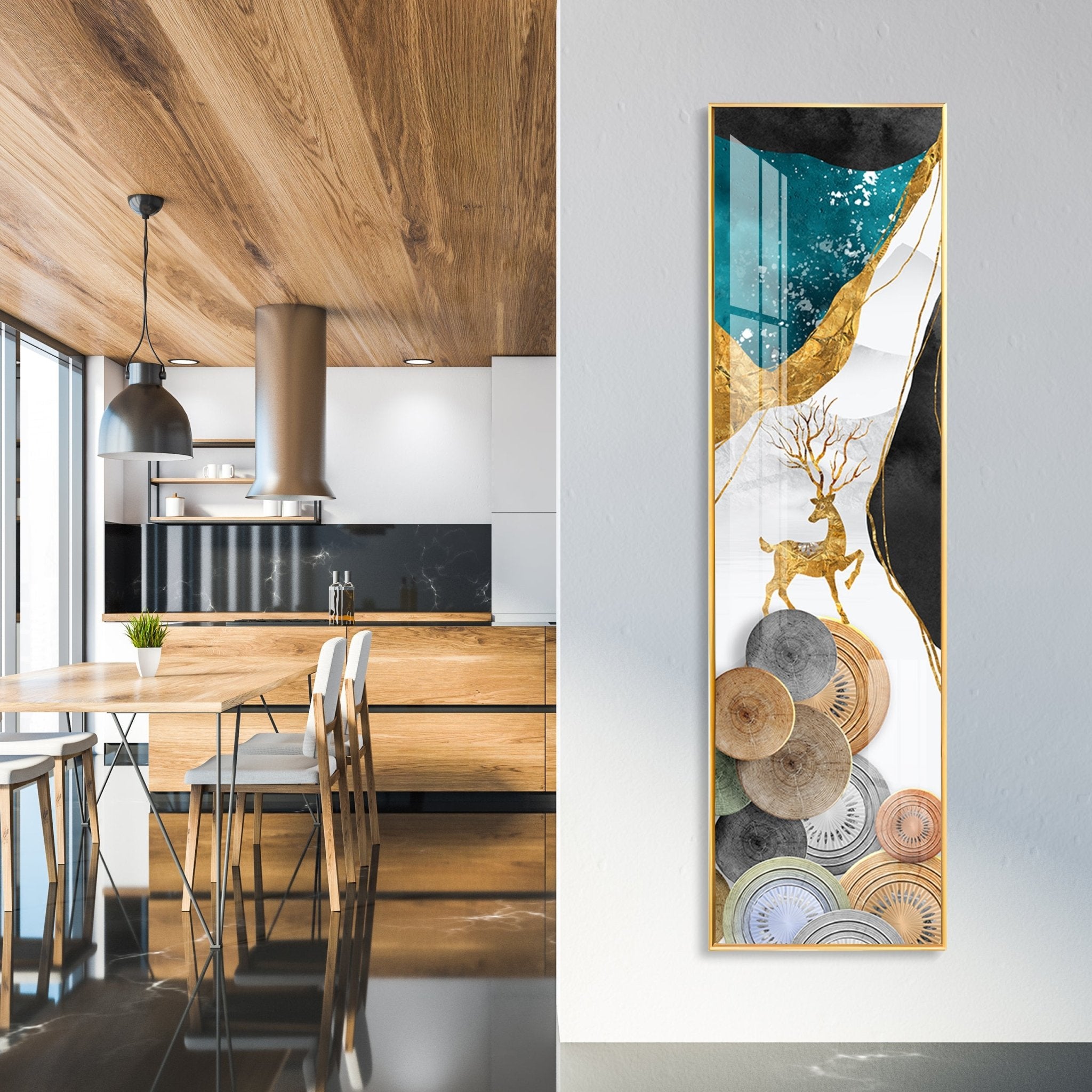 Abstract Golden Ginkgo Leaf With Deer Luxury Crystal Vertical Wall Art - The Next Decor