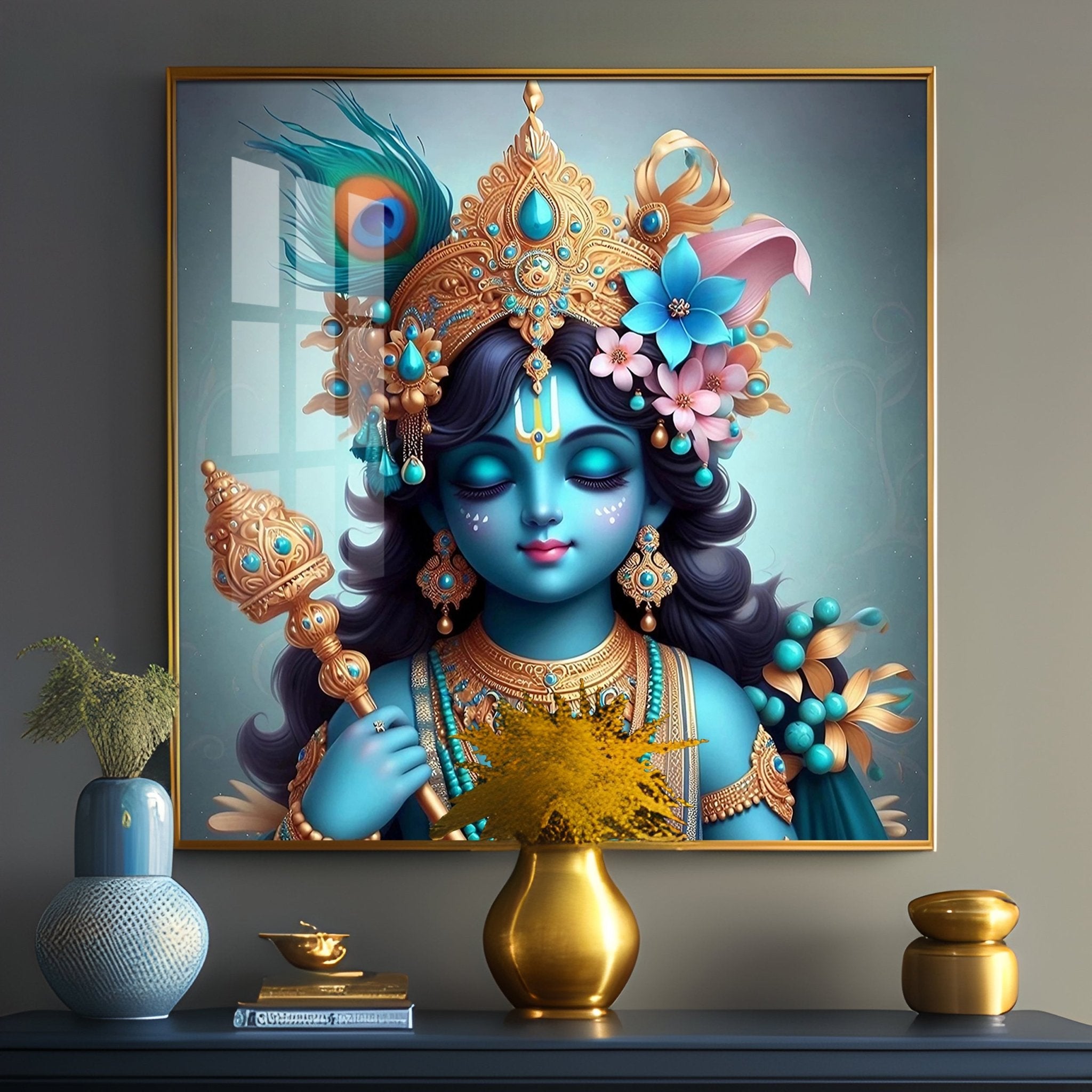 Beautiful Lord Krishna with Flute Premium Acrylic Square Wall Art - The Next Decor