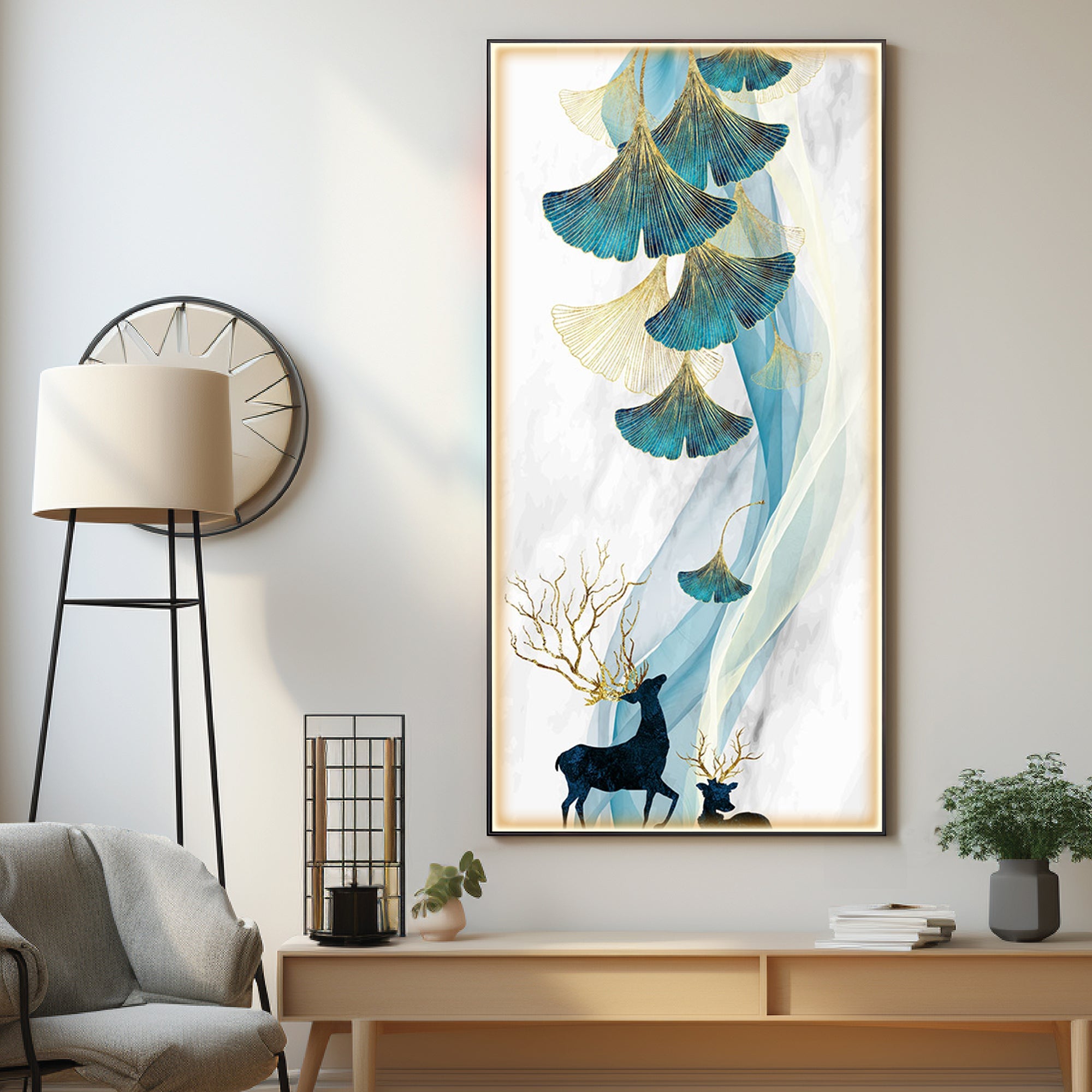 Beige Ginkgo Biloba with Deer Luxury Crystal Wall Art - The Next Decor