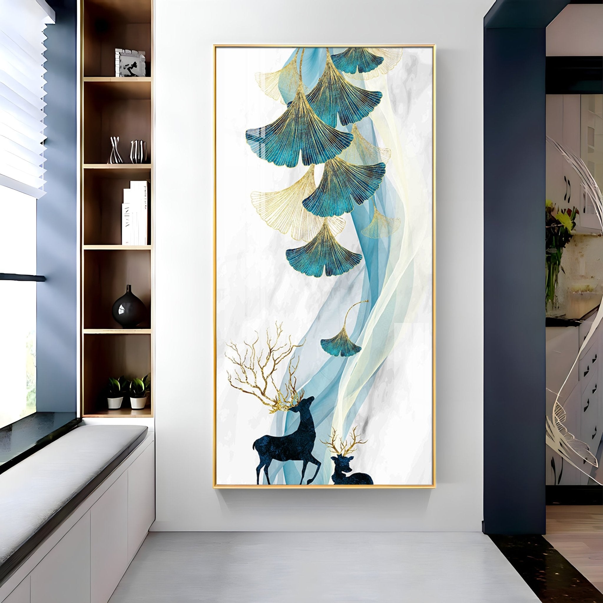 Beige Ginkgo Biloba with Deer Luxury Crystal Wall Art - The Next Decor