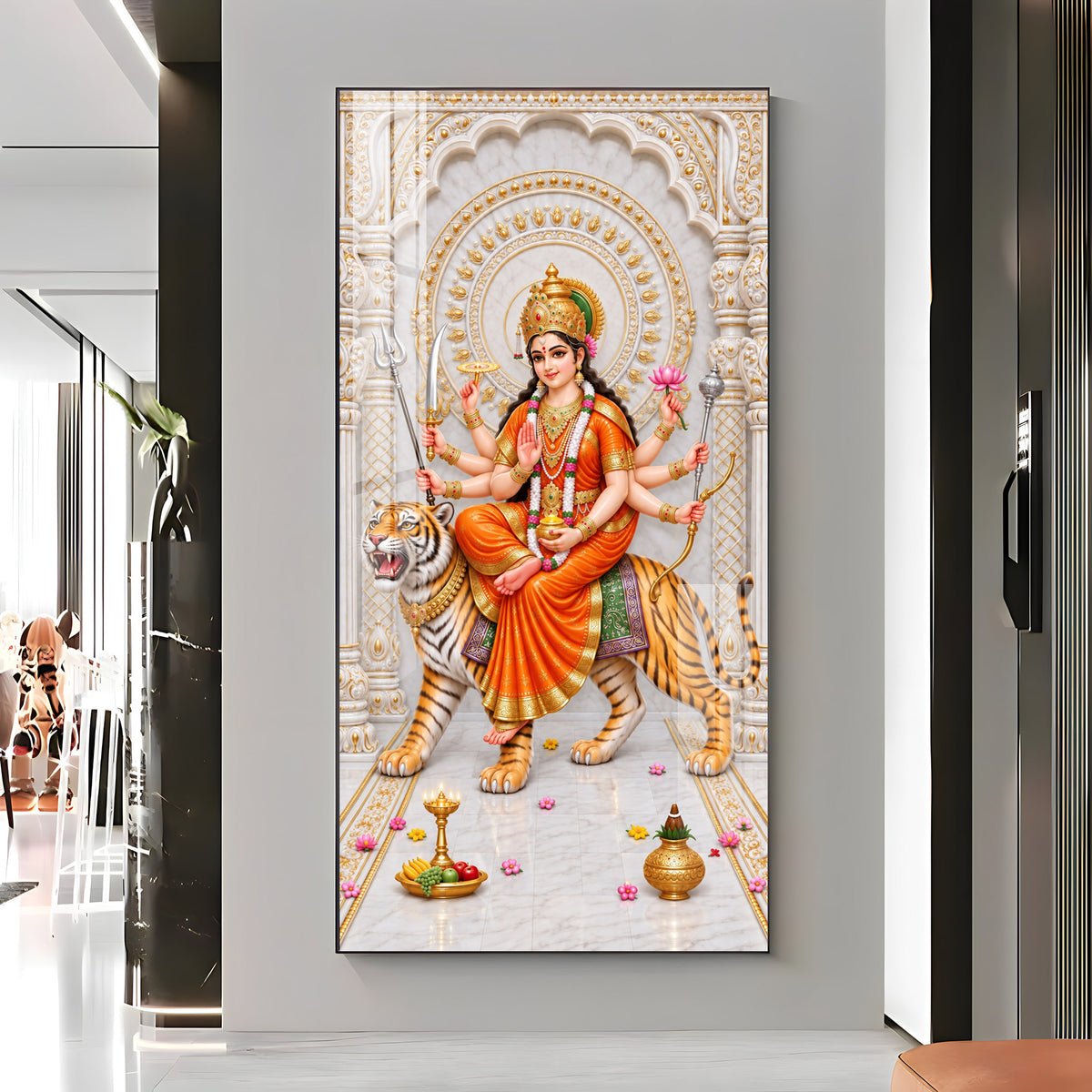 Durga Mata In Orange Attire Premium Acrylic Vertical Wall Art