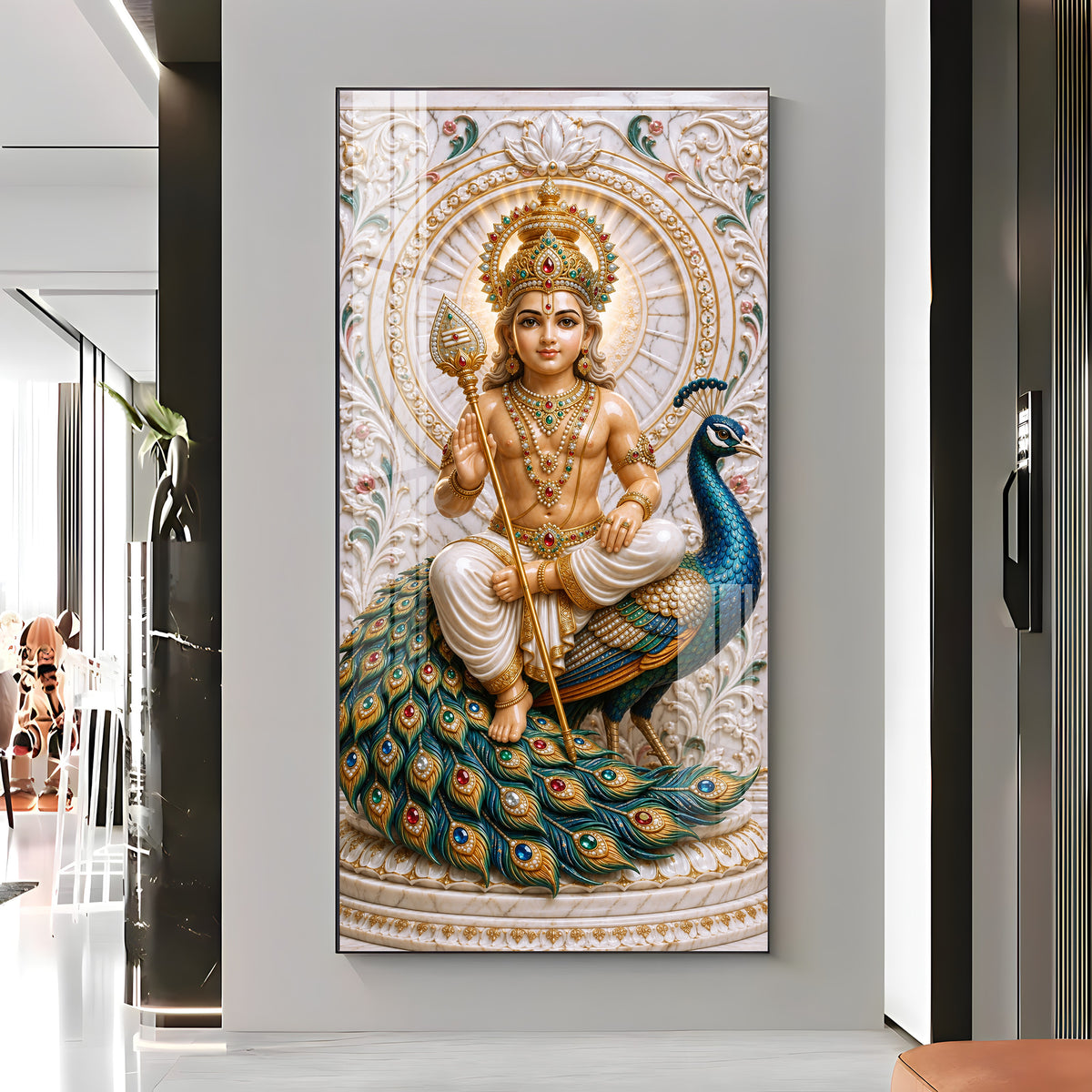 Holy Murugan With Peacock Premium Acrylic Vertical Wall Art