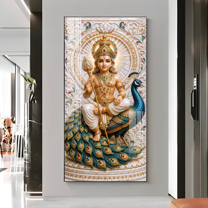 Holy Murugan With Peacock Premium Acrylic Vertical Wall Art