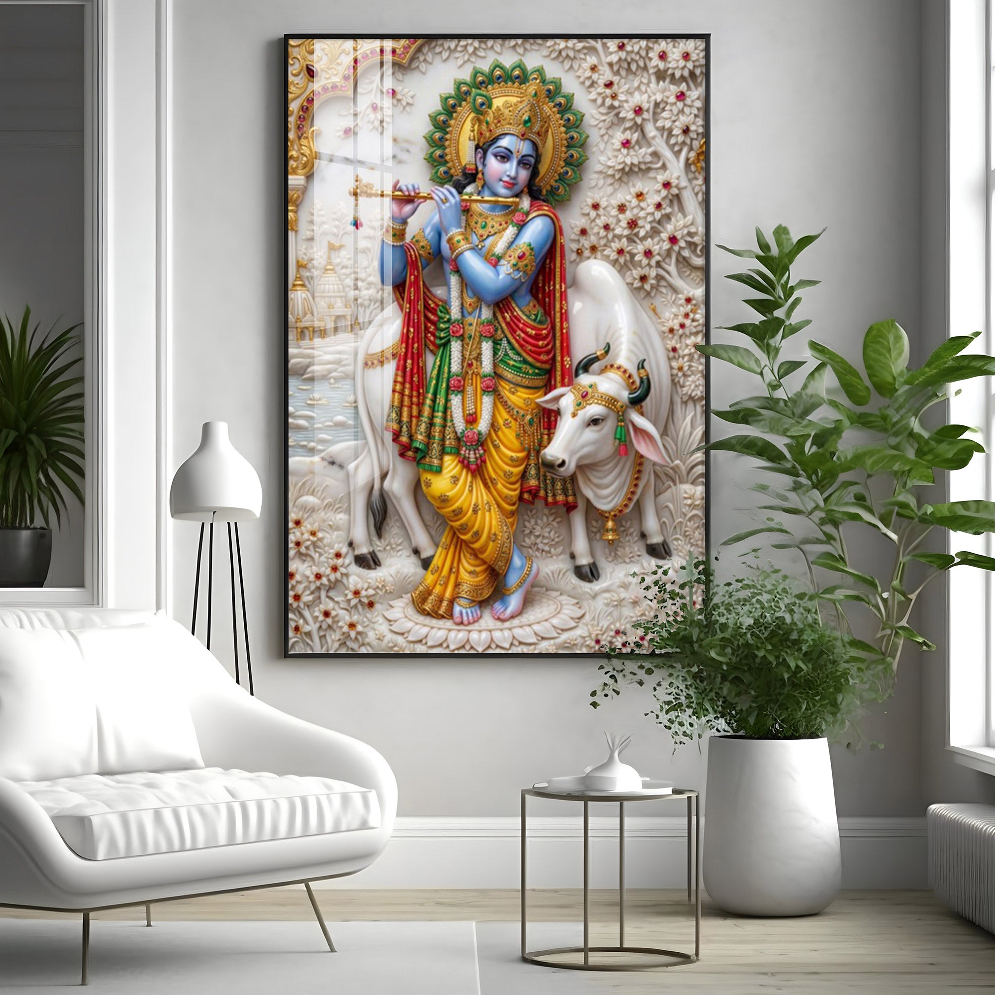 Shri Krishna With Cow Premium Acrylic Vertical Wall Art