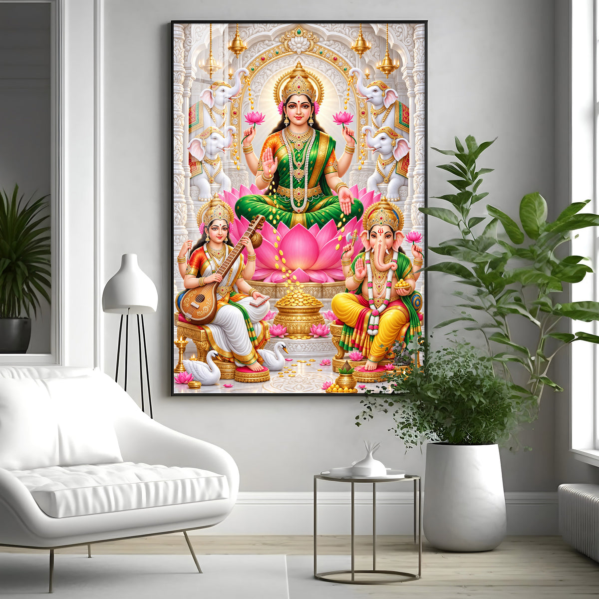 Gajalakshmi Saraswati Ganesha  Premium Acrylic Vertical Wall Art
