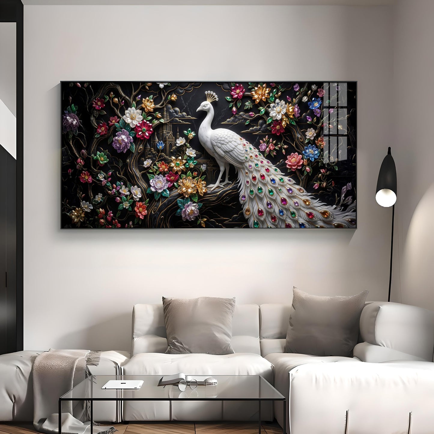 Peacock Embellishments & Black Background Premium Acrylic Horizontal Wall Art