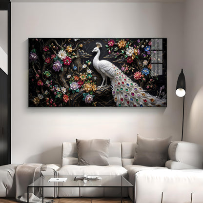 Peacock Embellishments & Black Background Premium Acrylic Horizontal Wall Art