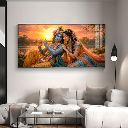 Radha & Krishna Sitting Tranquil Lakeside Premium Acrylic Horizontal Wall Art