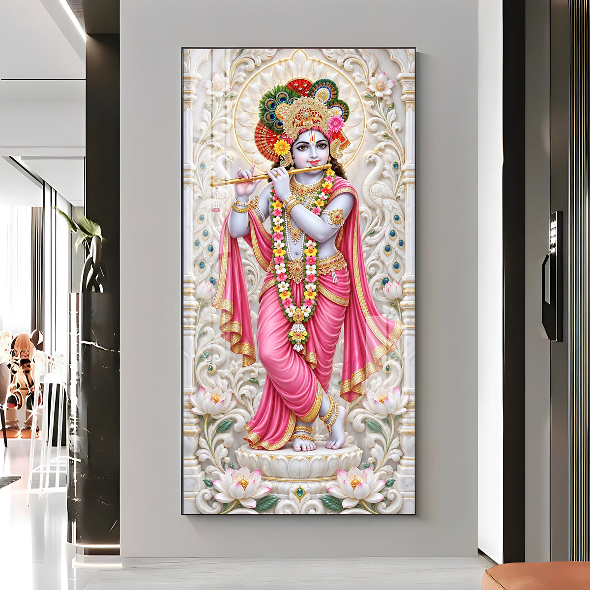 Krishna In Pink Dress Premium Acrylic Vertical Wall Art
