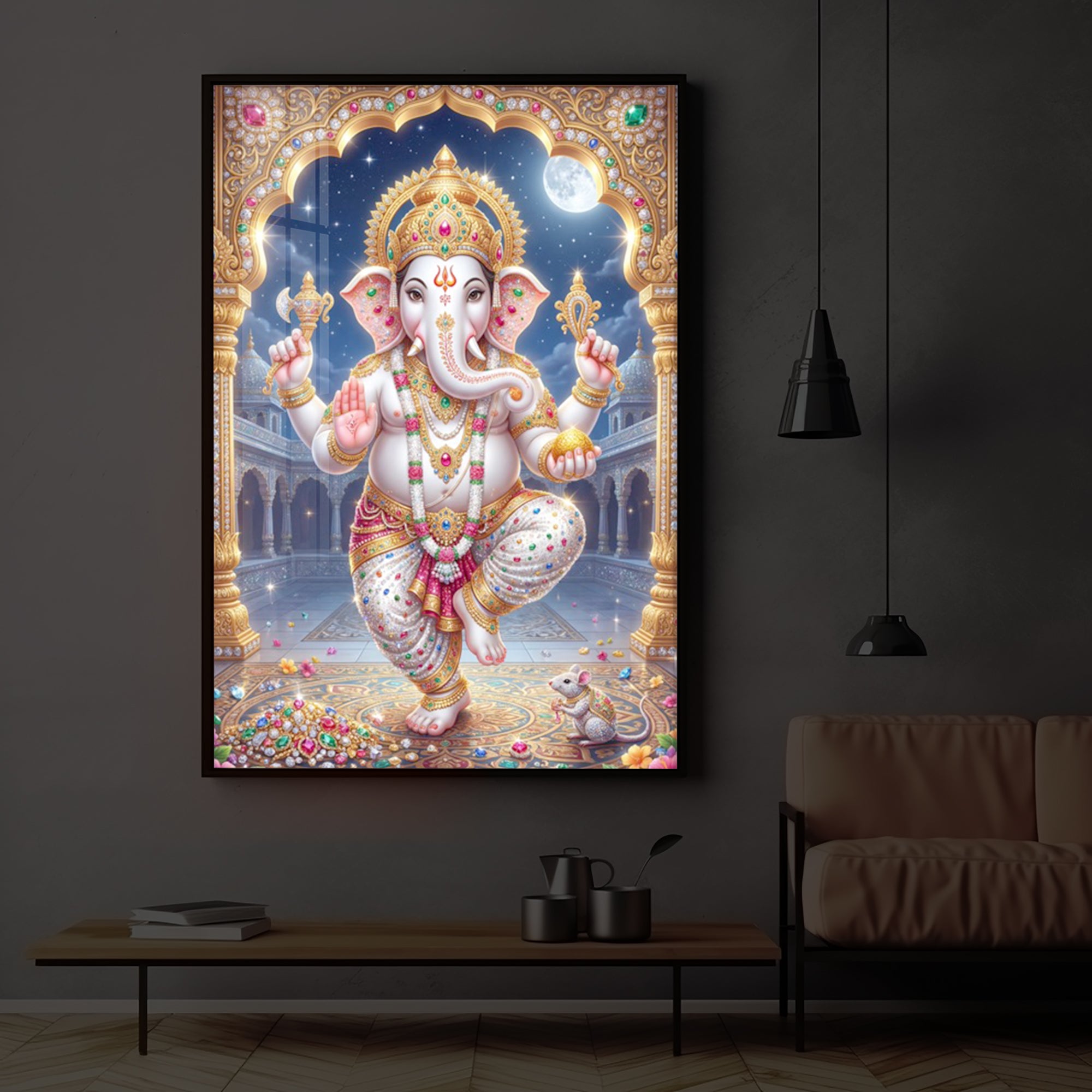 Hindu Shree Ganesh Modern Luxury Backlight Vertical Wall Art