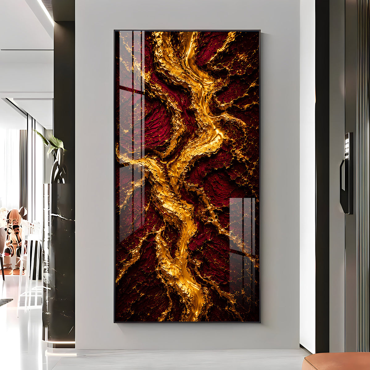 Striking Crimson & Gold Flowing River Premium Acrylic Vertical Wall Art