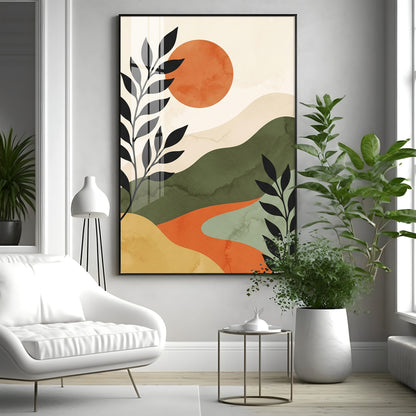 Earth-Toned Mountains & Red Moon Premium Acrylic Vertical Wall Art