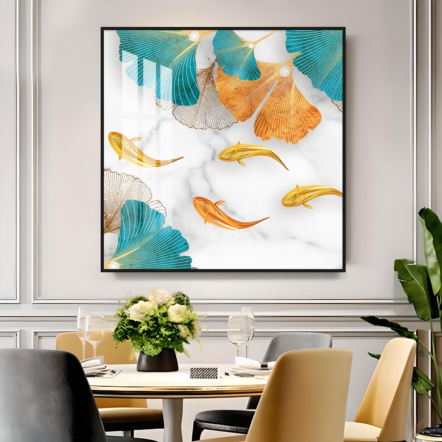 Fishes With Blue & Golden Leaf Premium Acrylic Square Wall Art