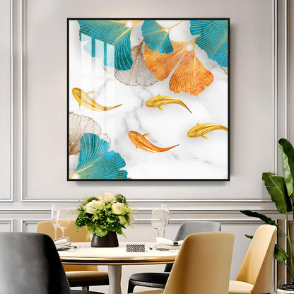 Fishes With Blue & Golden Leaf Premium Acrylic Square Wall Art