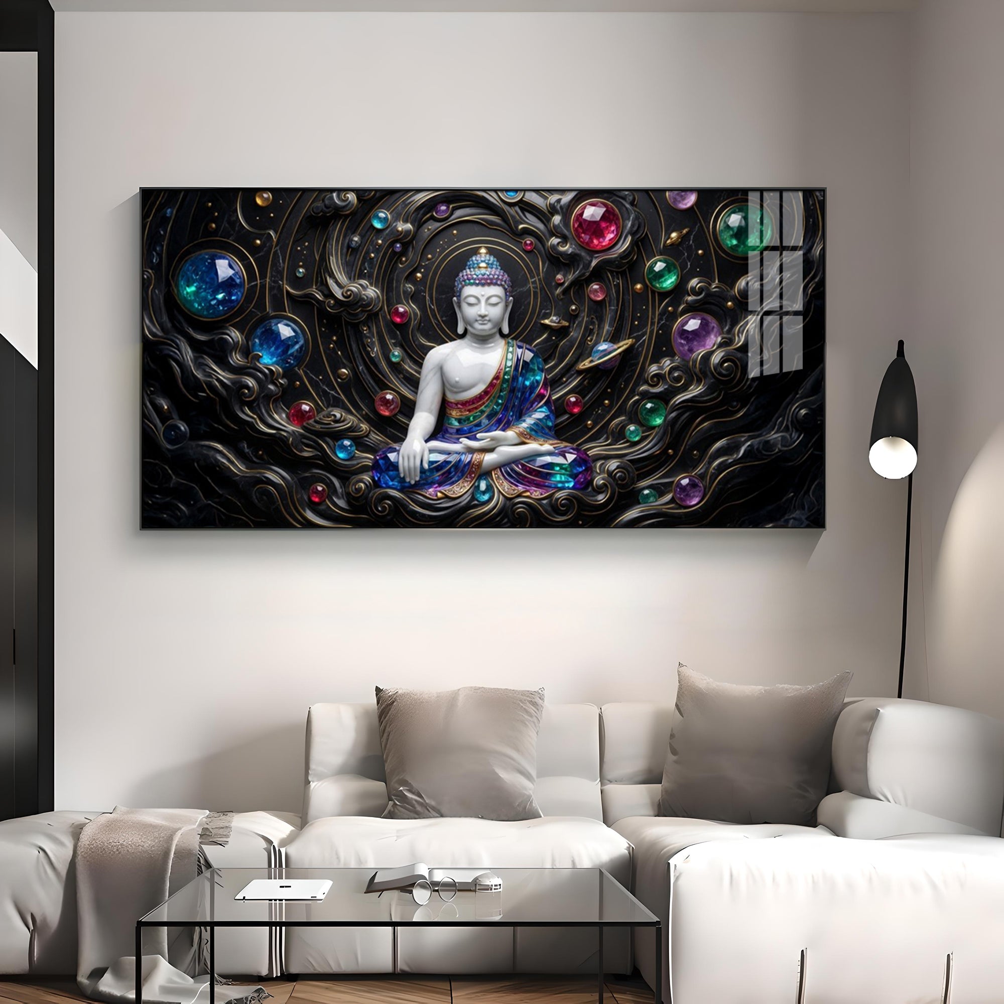 Divine Buddha With Crystal Spheres Premium Acrylic Horizontal Wall Art
