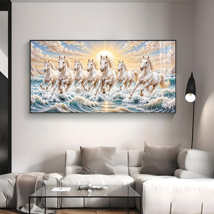 Majestic White Seven Running Horses Premium Acrylic Horizontal Wall Art
