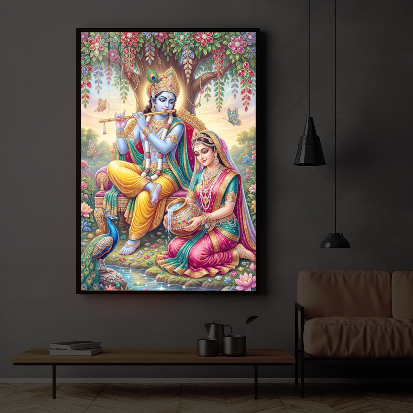 Krishna’s Flute with Radha’s Devotion Modern Luxury Backlight Vertical Wall Art