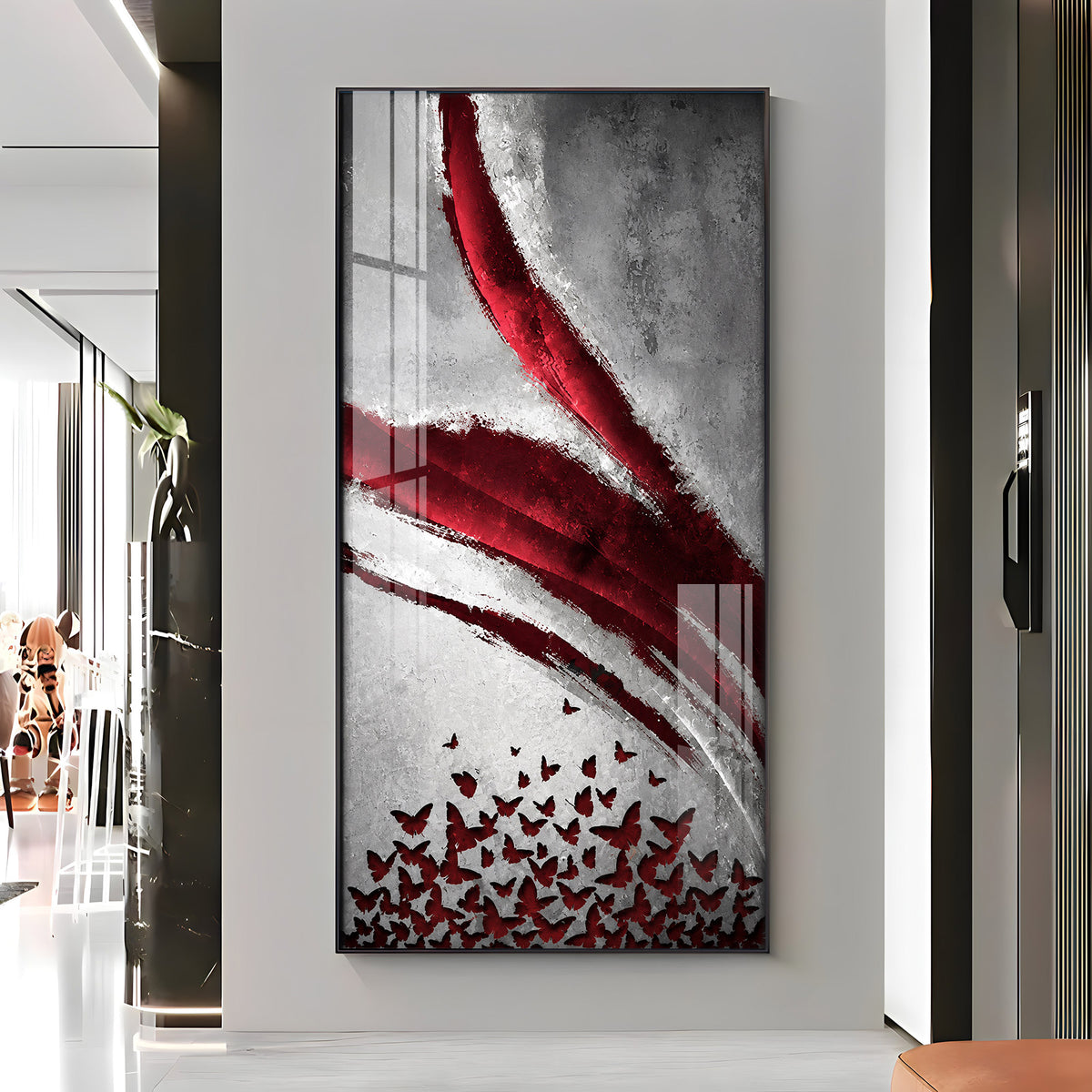 Red Crimson Swirl and Butterfly Premium Acrylic Vertical Wall Art
