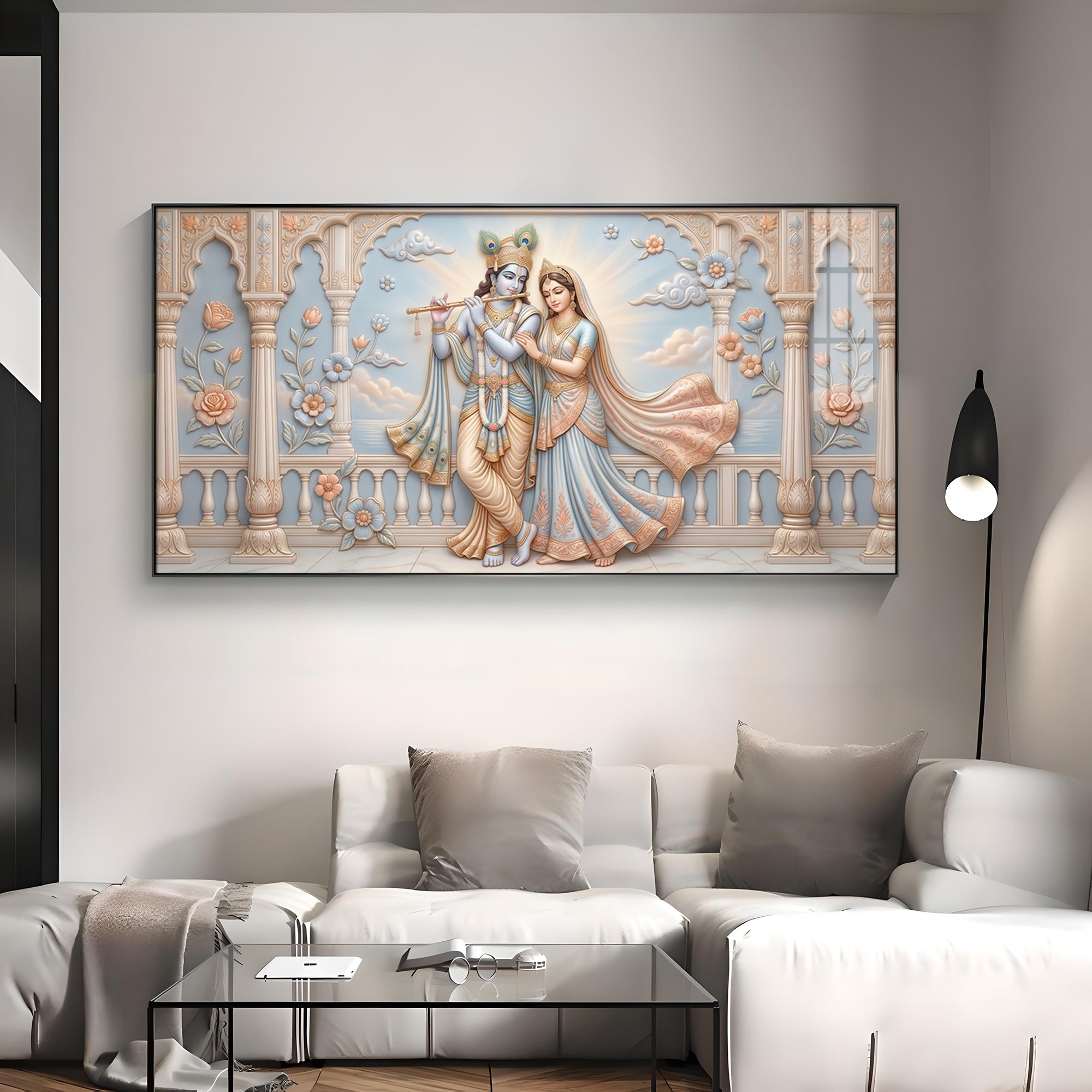 Krishna Playing The Flute Beside Radha Premium Acrylic Horizontal Wall Art