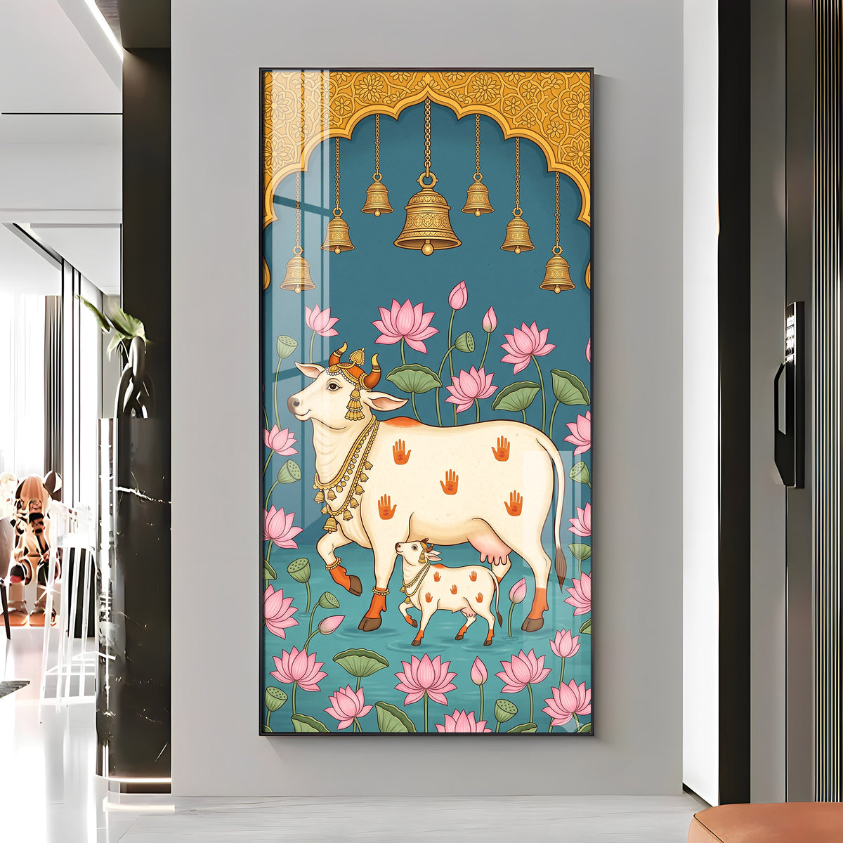 Pichwai Cow & Calf Premium Acrylic Vertical Wall Art