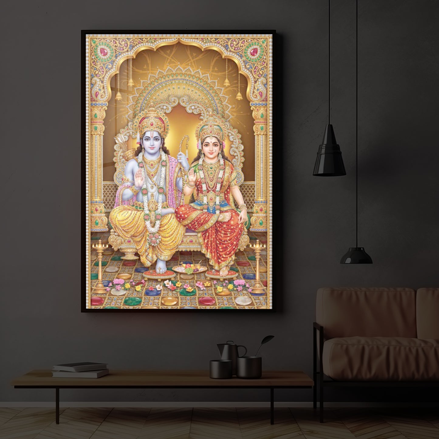 Lord Rama and Goddess Sita Modern Luxury Backlight Vertical Wall Art